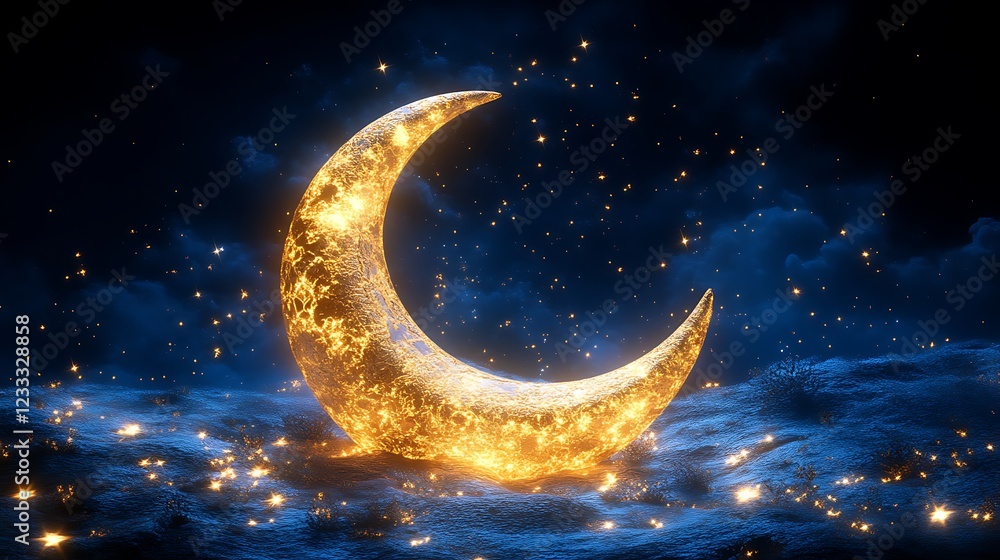 Golden Crescent Moon Glowing Brightly In Night Sky Golden Crescent Moon Glowing Brightly In Night Sky