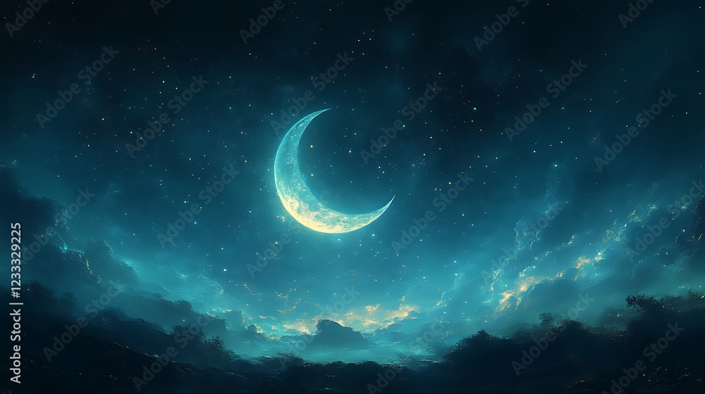 Crescent Moon Night Sky Above Dark Landscape Crescent Moon Night Sky Above Dark Landscape