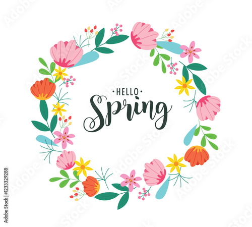 Spring hello greeting card clipart design. Hello spring text with colorful watercolor drawing flowers and leaves in round wreath shape for beautiful clip art background. Vector illustration.