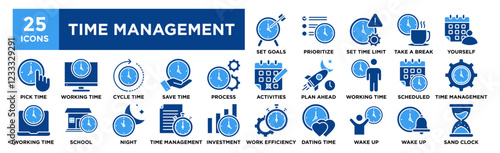Time Management icon collection set. Containing design Set Goals Correctly, Prioritize wisely, Set Time Limit, Take A Break , Organize Yourself	