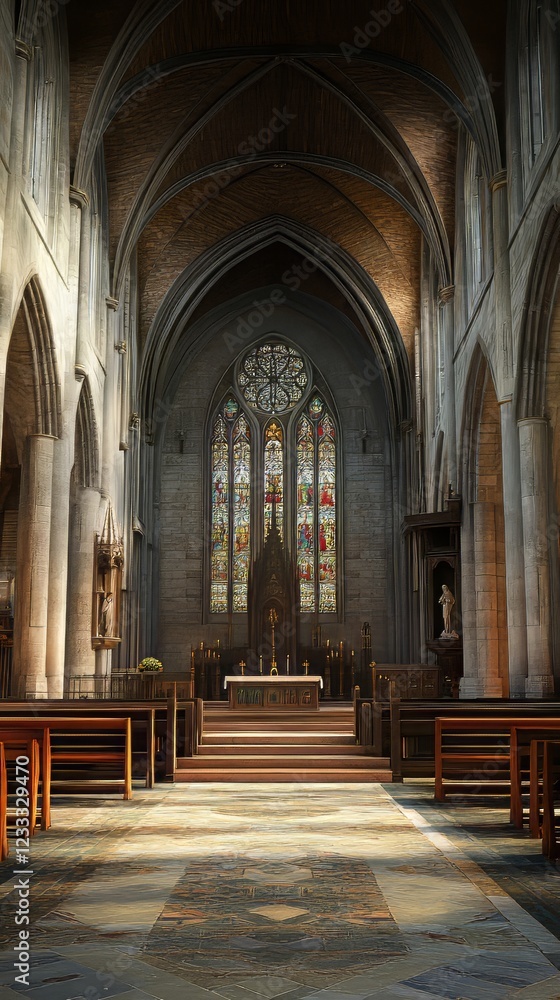 Fototapeta premium Serene church interior with stained glass