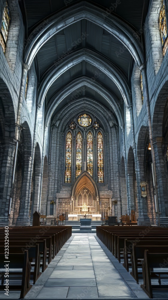 Fototapeta premium Stone church interior with stained glass