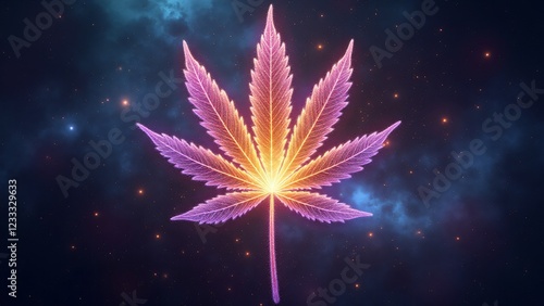 Luminous fractal cannabis leaf expanding infinitely, glowing with cosmic energy, surrounded by celestial spirals and floating nebula dust, representing divine infinite consciousness.