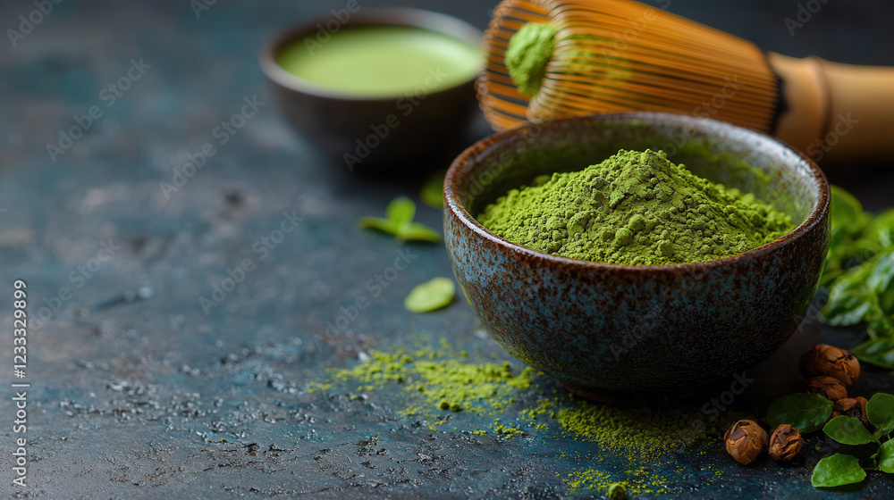 Ceremony of Matcha: A traditional Japanese matcha tea ceremony, featuring a bowl of finely ground green tea powder, a whisk, and a cup of prepared matcha. Ceremony of Matcha: A traditional Japanese matcha tea ceremony, featuring a bowl of finely ground green tea powder, a whisk, and a cup of prepared matcha.