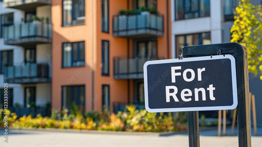 Obraz premium Modern Apartment Building with For Rent Sign - Housing, Real Estate, Rental Property