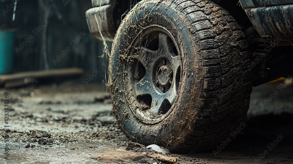 Dirty Off-Road Tire in Garage with Mud and Dust Surroundings Dirty Off-Road Tire in Garage with Mud and Dust Surroundings