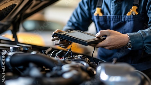 Mechanic Using Diagnostic Tool on Vehicle Engine in Workshop Setting