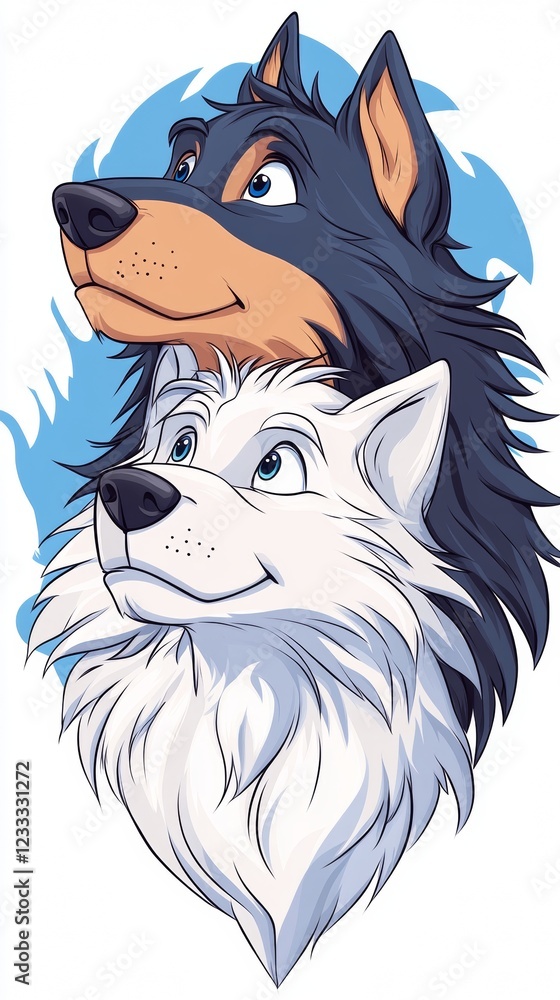 Φωτογραφία Two adorable canine companions, one with a dark coat and the other with a fluffy white coat, gaze upward with sweet expressions against a soft blue backdrop