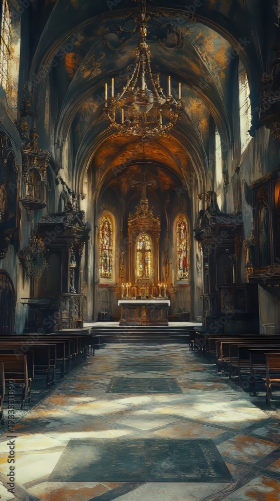 Fototapeta premium Ornate church interior, sunlight streams in