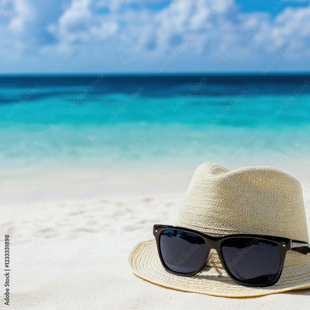 traveler hat and sunglasses resting on sandy beach, evoking sense of relaxation and adventure by turquoise sea. Perfect for summer vibes and beach getaways