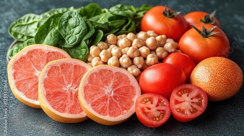 Vibrant Red Tomatoes Grapefruit Spinach and Chickpeas on Dark Background