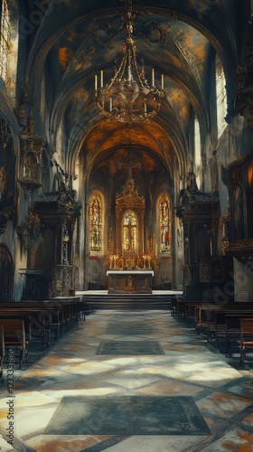Ornate church interior  sunlight streams in