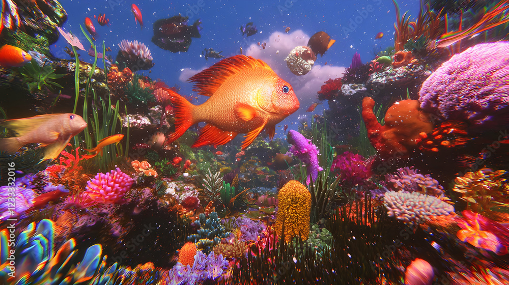 Naklejka premium Vibrant coral reef fish swimming, underwater scene