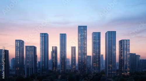 Urban Skyline at Dusk with Skyscrapers and Lights