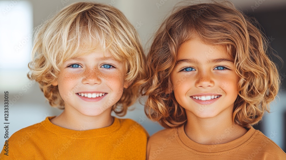 Two adorable siblings with blonde and light brown curly hair flash bright smiles. Pure joy captured! Two adorable siblings with blonde and light brown curly hair flash bright smiles. Pure joy captured!
