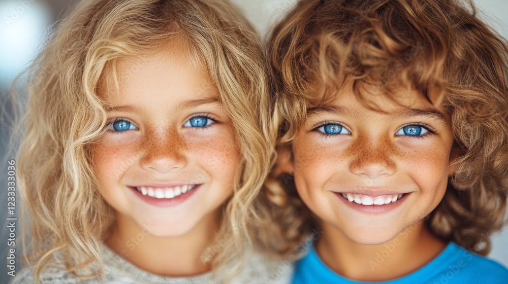 Adorable brother and sister with bright blue eyes and matching smiles. A heartwarming portrait of childhood innocence. Adorable brother and sister with bright blue eyes and matching smiles. A heartwarming portrait of childhood innocence.