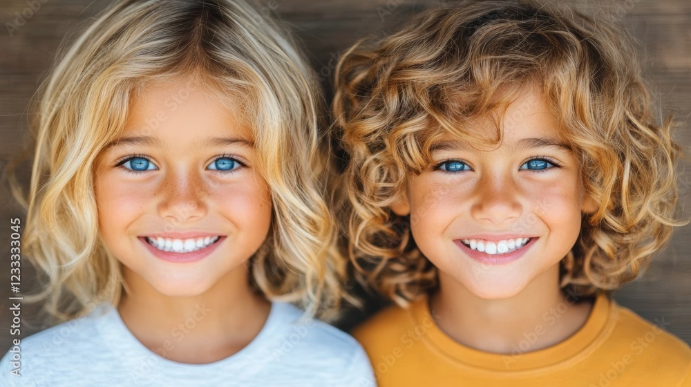 Two adorable siblings with blond hair and bright blue eyes smile for the camera. Pure joy! Two adorable siblings with blond hair and bright blue eyes smile for the camera. Pure joy!