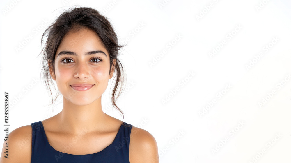 Happy pakistani woman wearing blue dress smiling isolated on white background Happy pakistani woman wearing blue dress smiling isolated on white background
