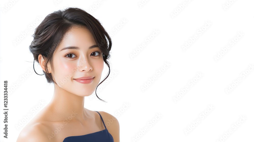 Happy Japanese woman wearing blue dress smiling isolated on white background Happy Japanese woman wearing blue dress smiling isolated on white background
