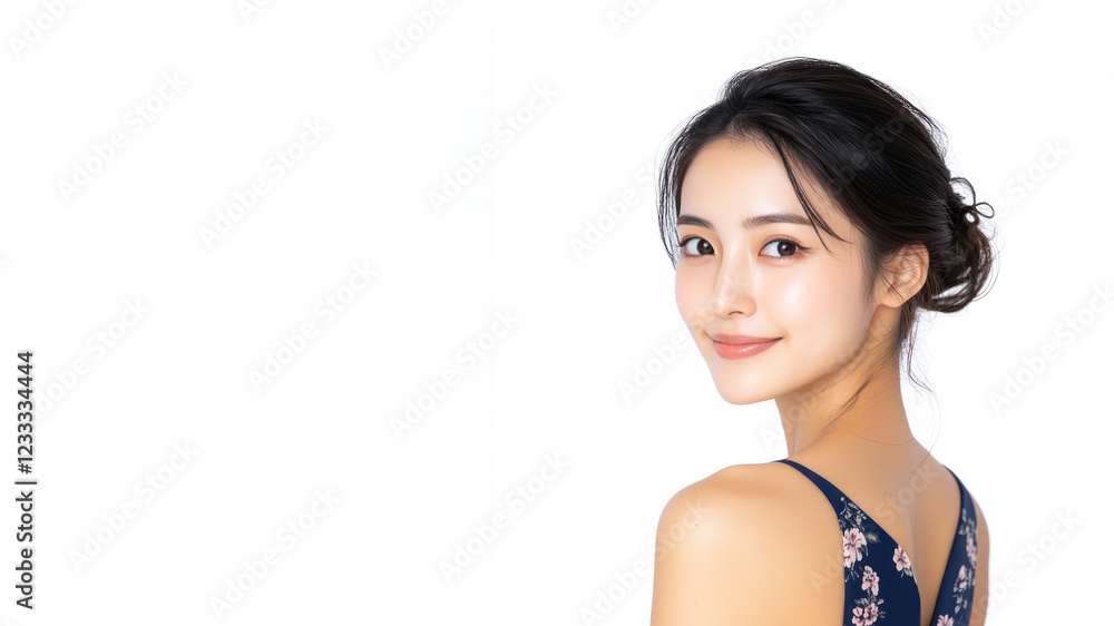 Happy Indonesian woman wearing blue dress smiling isolated on white background Happy Indonesian woman wearing blue dress smiling isolated on white background