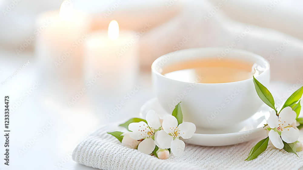 Tranquil teacup, spring blossoms, candles, spa relaxation Tranquil teacup, spring blossoms, candles, spa relaxation
