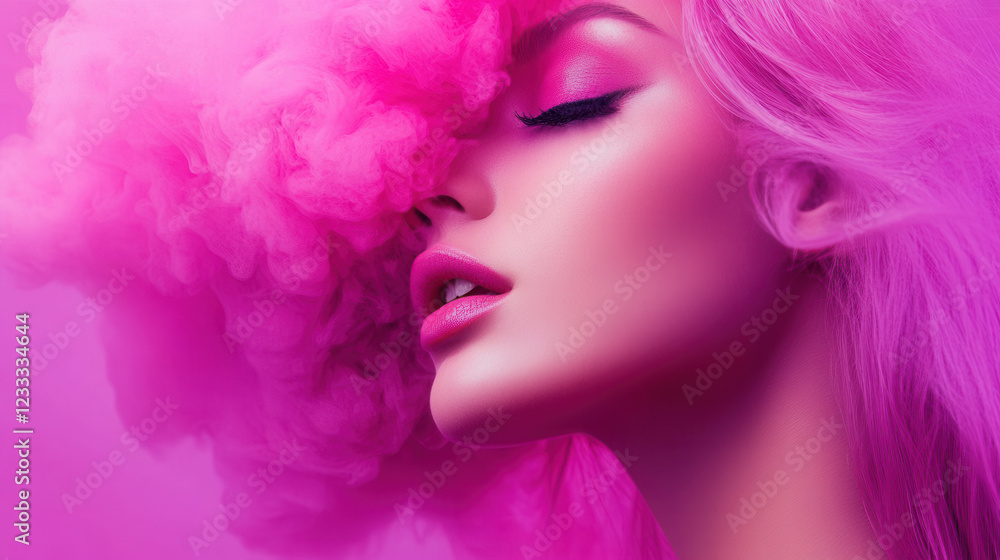 Pink Haze Beauty: A captivating portrait of a woman with vibrant pink hair, partially obscured by a cloud of pink smoke, creating a dreamy and ethereal atmosphere. Pink Haze Beauty: A captivating portrait of a woman with vibrant pink hair, partially obscured by a cloud of pink smoke, creating a dreamy and ethereal atmosphere.