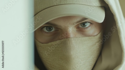 Close-up of a masked individual with intense gaze, set against a blurred background, evoking mystery photo