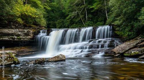 Majestic waterfall cascades down rock formations surrounded by lush forest greenery