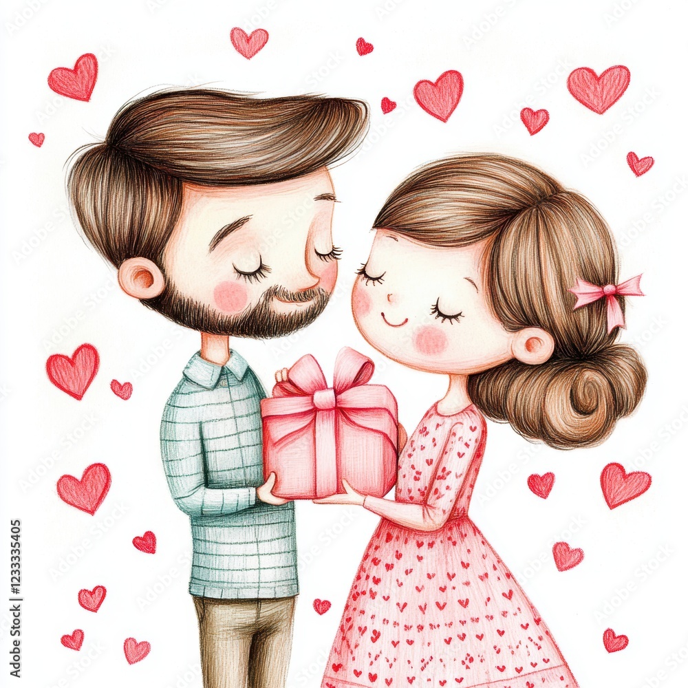 Happy Valentine’s Day greeting card with lovely couple and gift box. Happy Valentine’s Day greeting card with lovely couple and gift box.