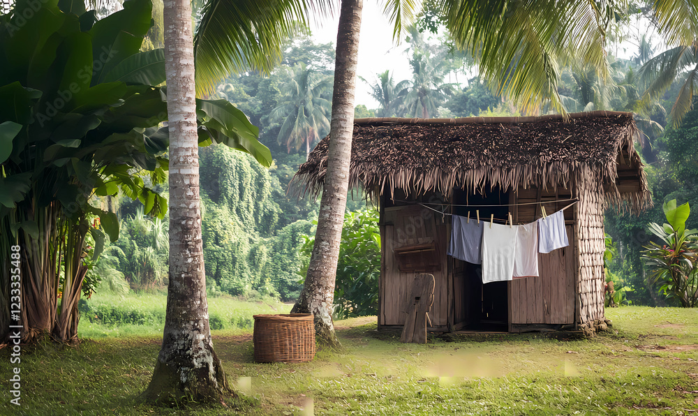 A tranquil Malay laundry hut with a thatched roof, providing a rustic, culturally inspired space A tranquil Malay laundry hut with a thatched roof, providing a rustic, culturally inspired space