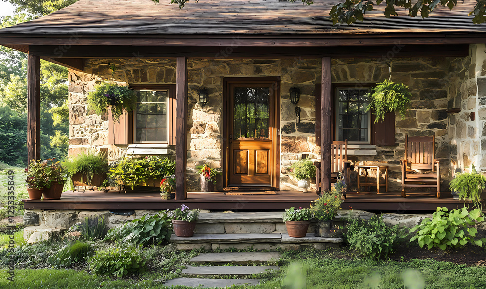 Fototapeta premium A charming stone cabin with a front porch and hanging plants, creating a warm and inviting space