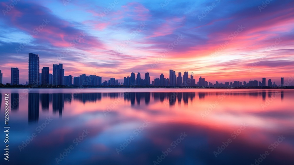 Vibrant city skyline at sunset reflected in calm water. Vibrant city skyline at sunset reflected in calm water.