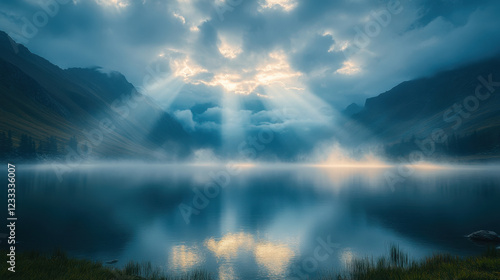 Early morning mist over Basum Lake in Tibet, with soft rays of sunlight breaking through clouds, creating serene and tranquil atmosphere