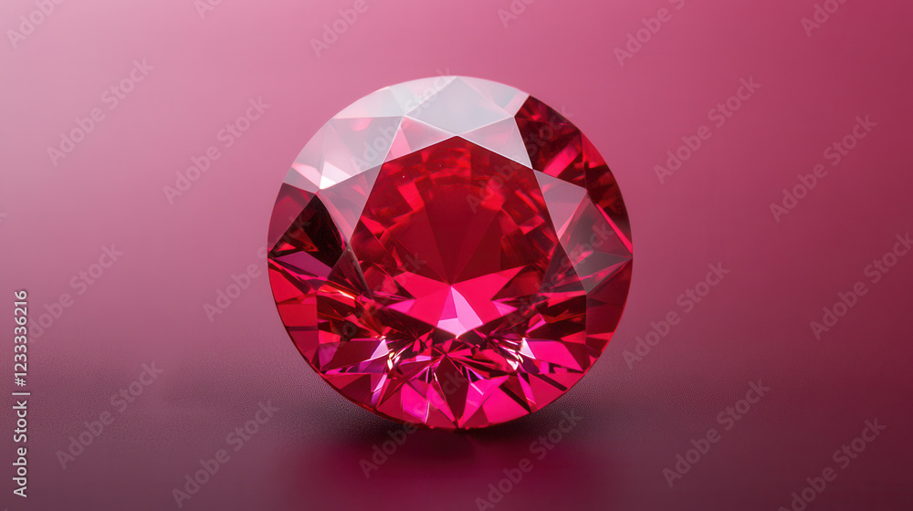 Radiant Ruby Gemstone: A captivating close-up of a vibrant, round ruby gemstone, showcasing its intense red hue and brilliant facets. The gem rests on a deep pink background. Radiant Ruby Gemstone: A captivating close-up of a vibrant, round ruby gemstone, showcasing its intense red hue and brilliant facets. The gem rests on a deep pink background.