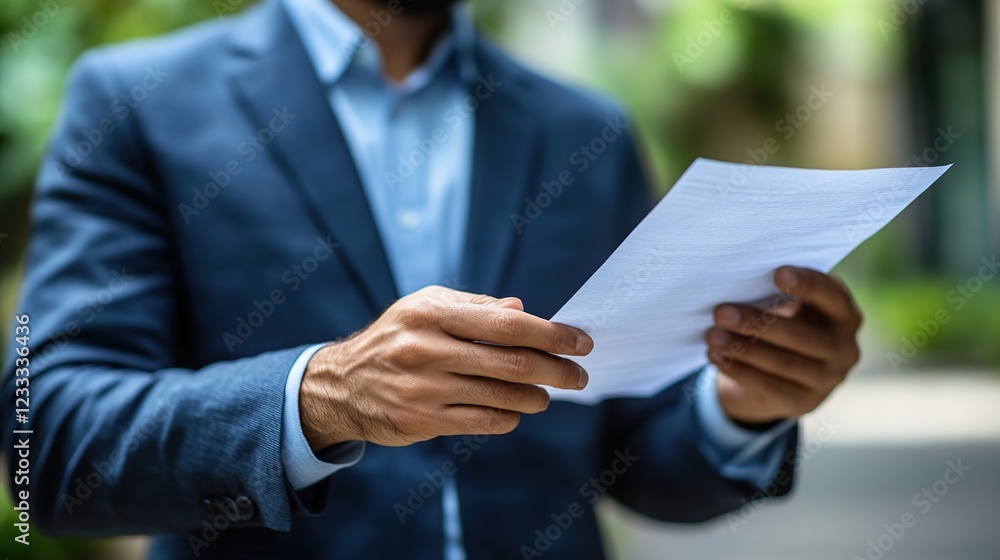 Man reviewing documents outdoors, garden background, business Man reviewing documents outdoors, garden background, business