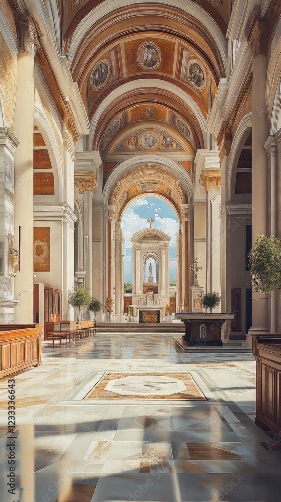 Sunlit cathedral interior, serene space Sunlit cathedral interior, serene space