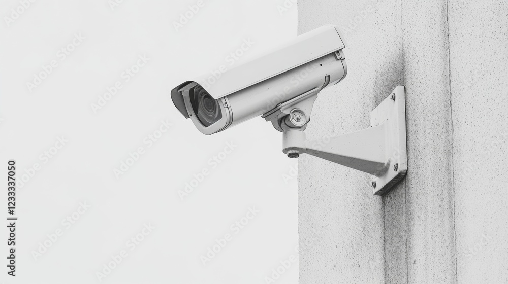 Modern surveillance camera mounted on a concrete wall against a bright sky, ensuring security Modern surveillance camera mounted on a concrete wall against a bright sky, ensuring security