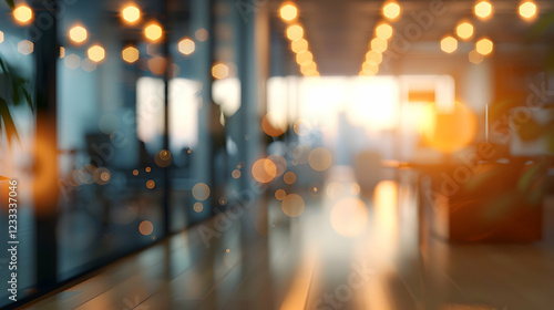 A softly blurred office space with warm lighting and reflections  creating a serene atmosphere.