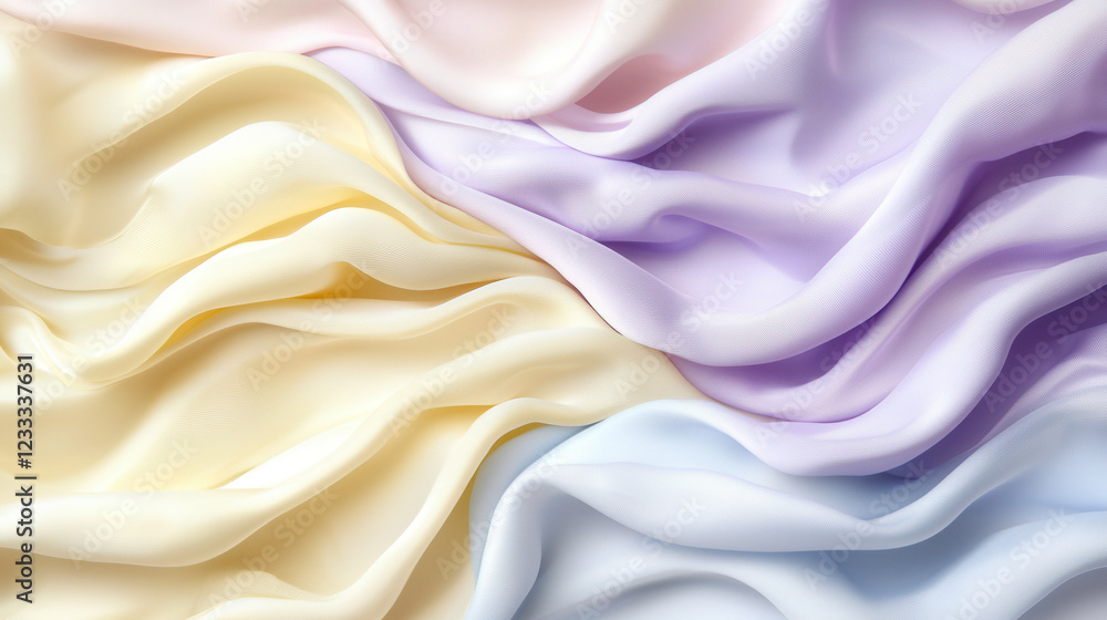 Obraz premium Pastel Dreams: A mesmerizing abstract backdrop of soft, flowing fabrics in pastel hues of yellow, blue, and purple create a dreamy, ethereal atmosphere. 