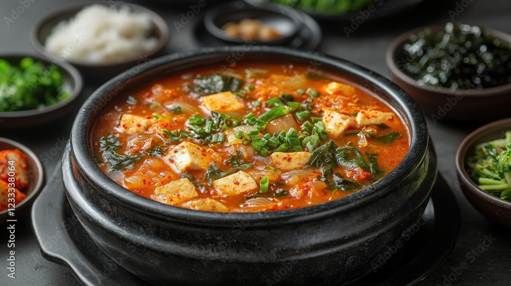 Kimchi Jjigae: A steaming bowl of Kimchi Jjigae, a traditional Korean spicy stew, is served with an array of side dishes. The vibrant red kimchi, tofu. Kimchi Jjigae: A steaming bowl of Kimchi Jjigae, a traditional Korean spicy stew, is served with an array of side dishes. The vibrant red kimchi, tofu.