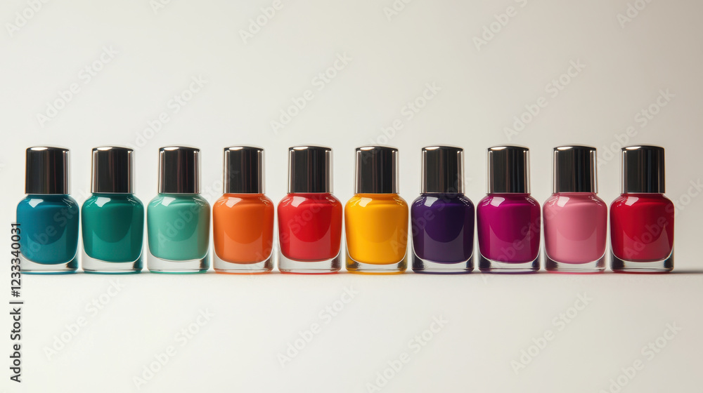 Colorful nail polish bottles arranged in row, showcasing vibrant shades like teal, orange, yellow, and pink. Perfect for beauty enthusiasts and nail art lovers Colorful nail polish bottles arranged in row, showcasing vibrant shades like teal, orange, yellow, and pink. Perfect for beauty enthusiasts and nail art lovers