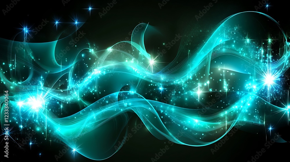 Fototapeta premium Abstract Teal Waves With Sparkling Stars