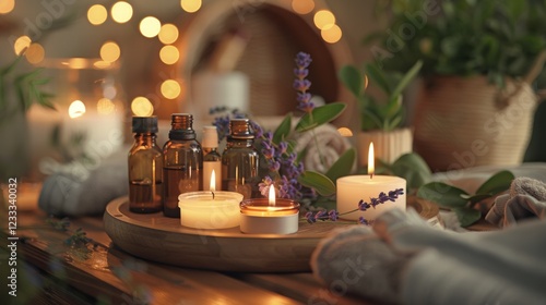 Cozy Aromatherapy Scene with Candles and Lavender Flowers