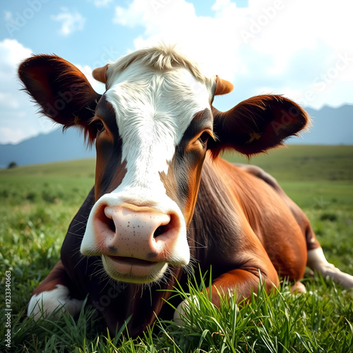 A smiling cow lying in a lush green pasture, chewing cud with a serene mountain backdrop photo