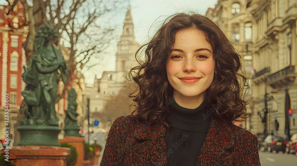 Young woman smiles, city street background, European architecture, travel Young woman smiles, city street background, European architecture, travel