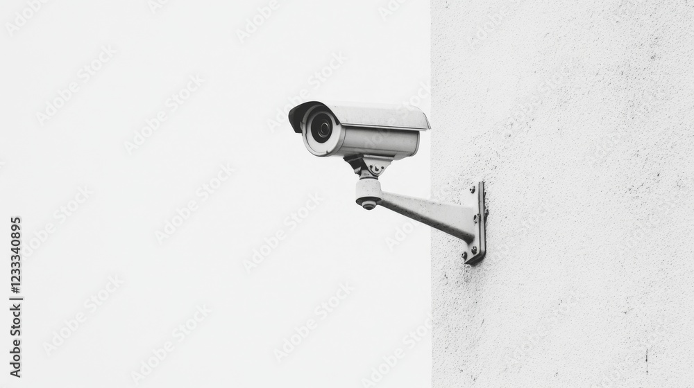 Surveillance camera mounted on a white wall, monitoring the area for security purposes Surveillance camera mounted on a white wall, monitoring the area for security purposes