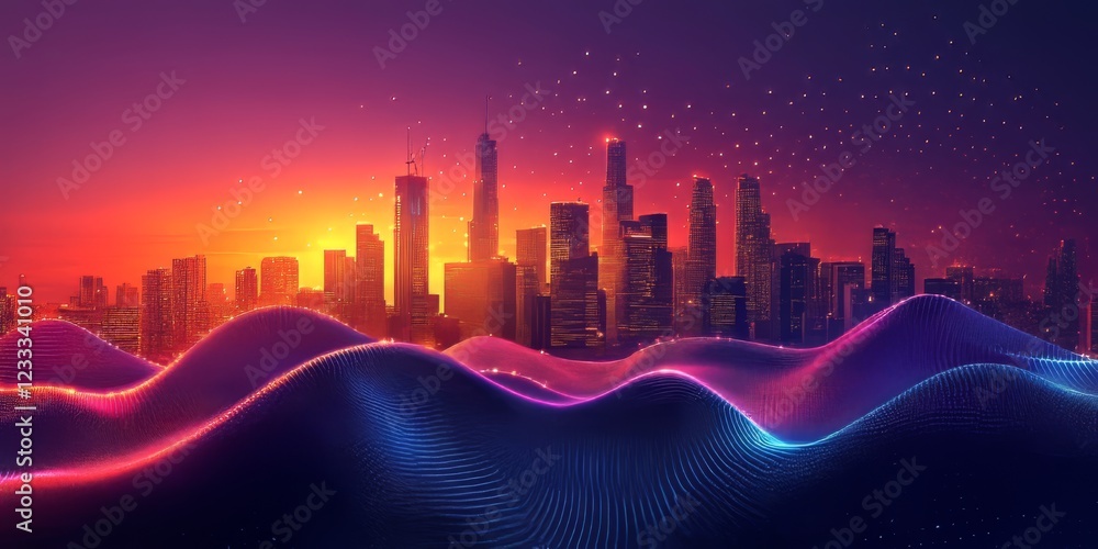 Abstract Smart City Concept with Gradient Waves and Connected Dots Abstract Smart City Concept with Gradient Waves and Connected Dots
