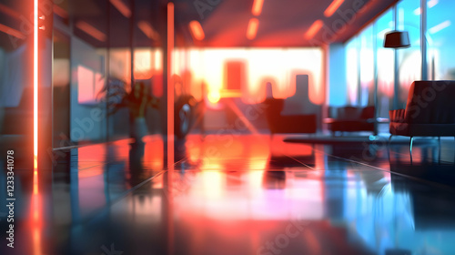 Wallpaper Mural A modern office space illuminated by sunset, showcasing sleek design and reflective surfaces. Torontodigital.ca