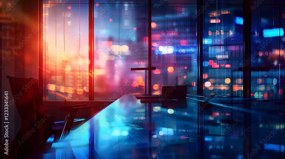 A modern office space with a city skyline view at dusk, showcasing vibrant lights. A modern office space with a city skyline view at dusk, showcasing vibrant lights.