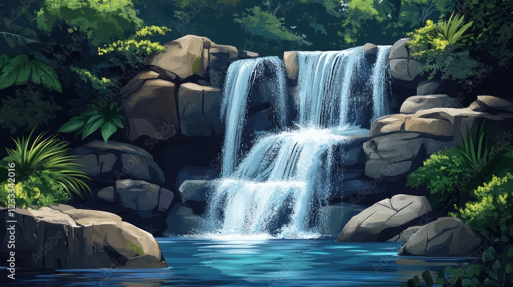 Naklejka premium Lush jungle waterfall cascading into pool